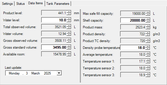 data items of a tank